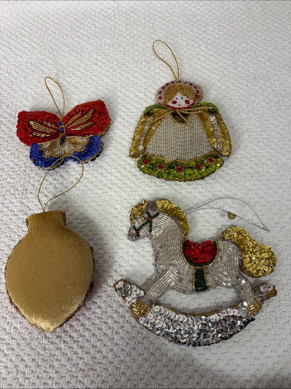 Vintage Handmade Beaded Sequin Christmas Holiday Ornament Set of 4 Kitsch Retro